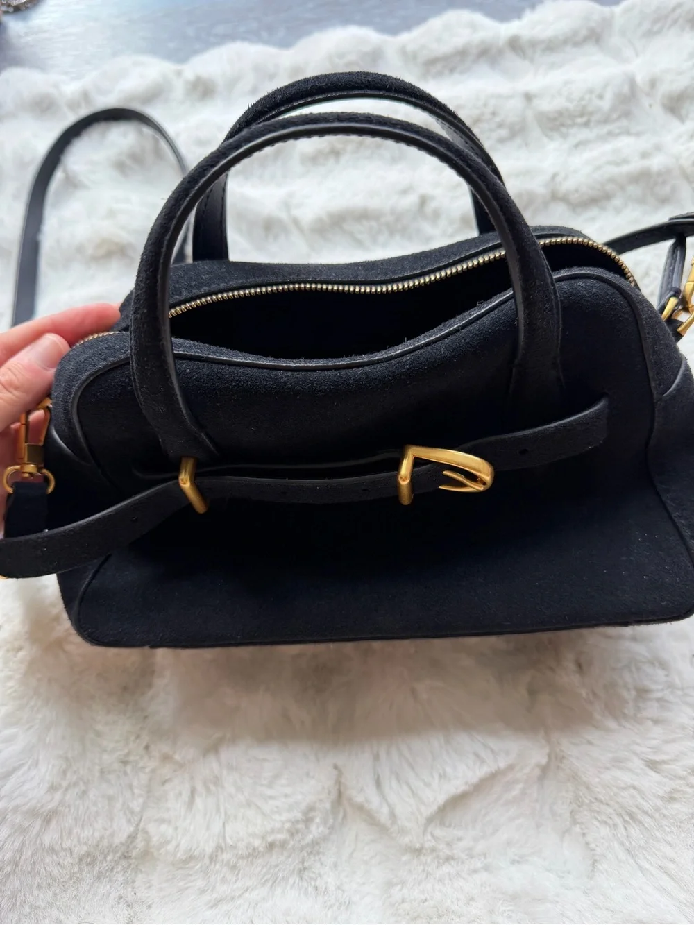 Classic Black Suede Top-Handle Bag with Gold Hardware